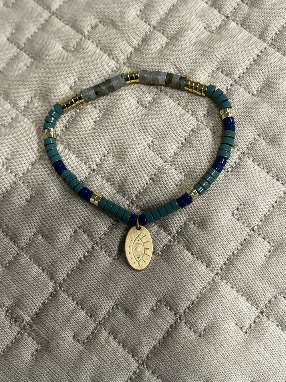 Gold Charm Turquoise & Blue Beaded Stretch Bracelet